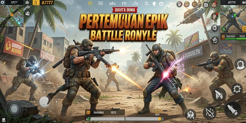 Screenshot A7777 menampilkan aksi seru dalam pertempuran Battle Royale.