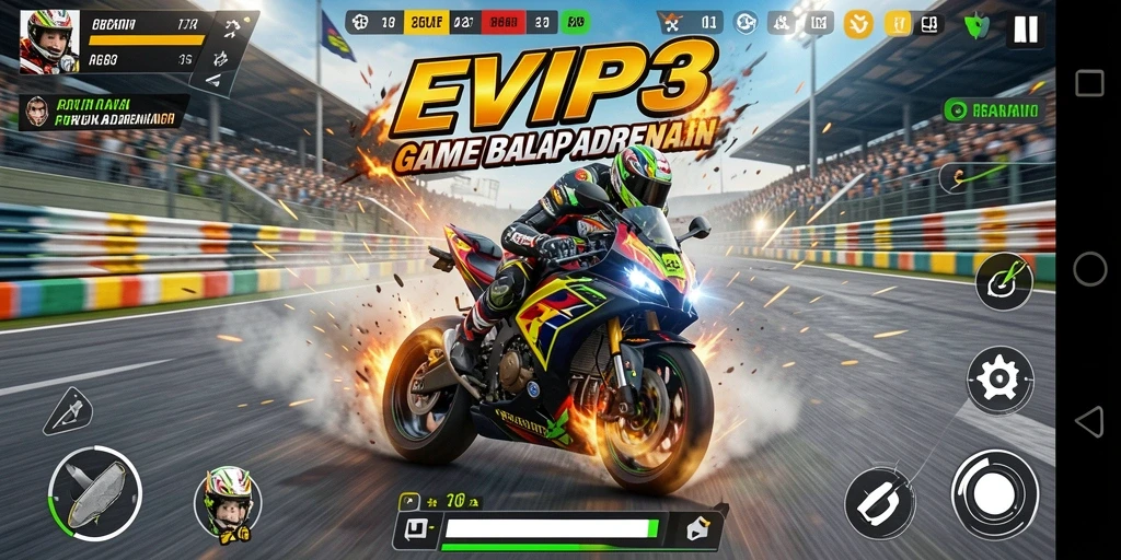 Screenshot gameplay EVIP3 menampilkan aksi balapan motor yang mendebarkan.