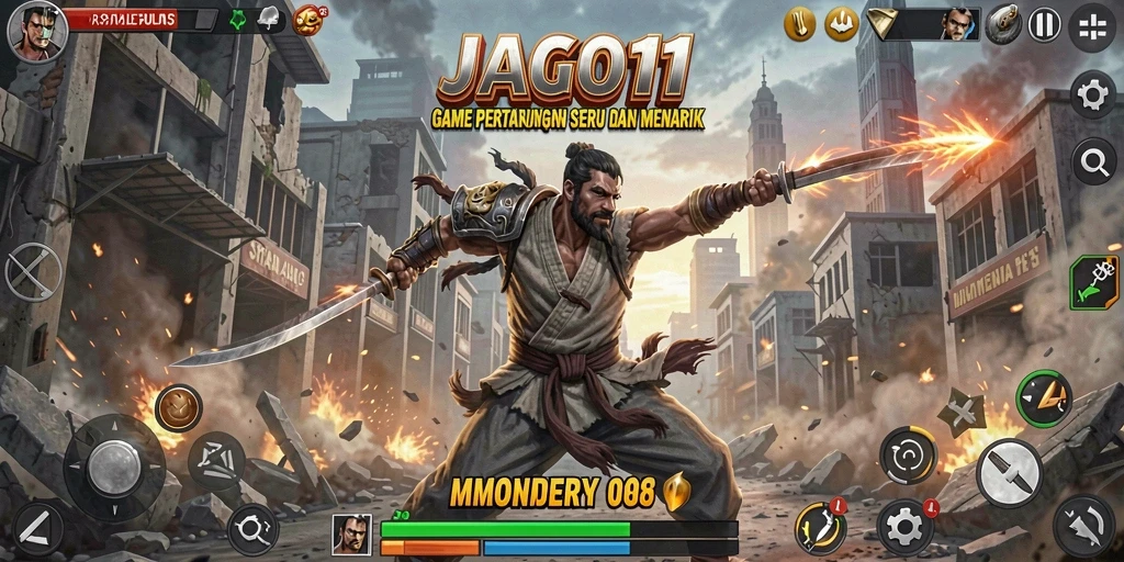 Screenshot gameplay JAGO11 menampilkan pertarungan dinamis dan karakter yang beragam.