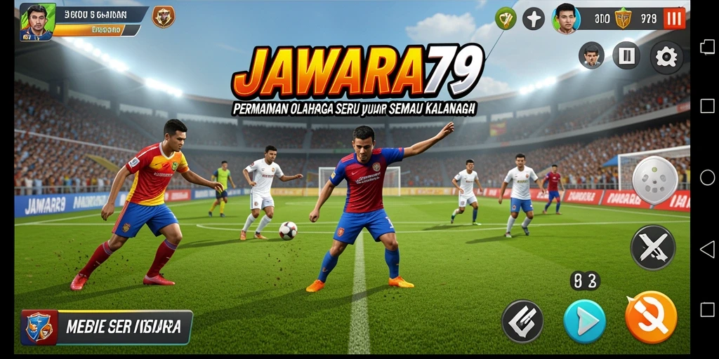 Screenshot JAWARA79 menunjukkan aksi permainan olahraga yang mendebarkan.