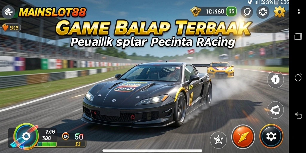 Screenshot utama gameplay MAINSLOT88 menampilkan aksi balap yang mendebarkan.