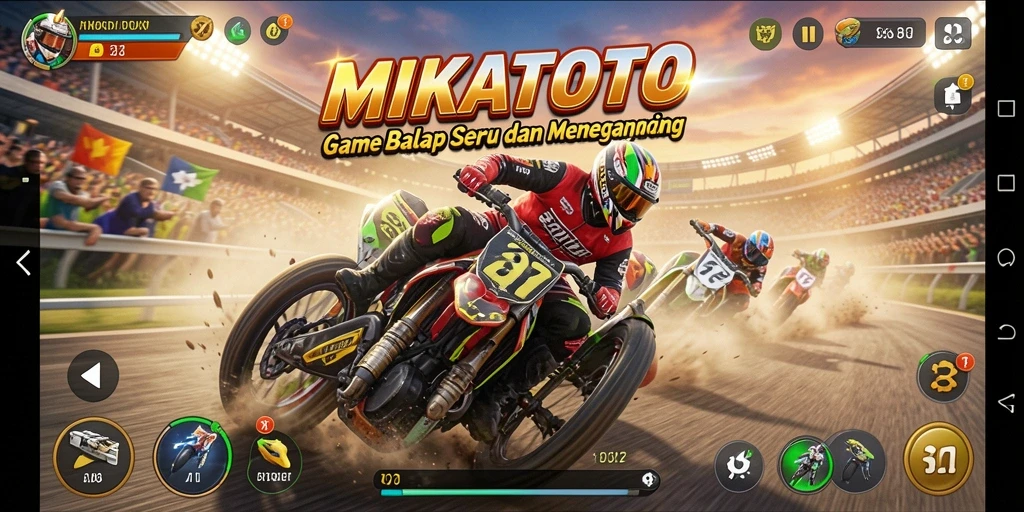 Screenshot gameplay MIKATOTO menampilkan balapan seru di lintasan yang menantang.