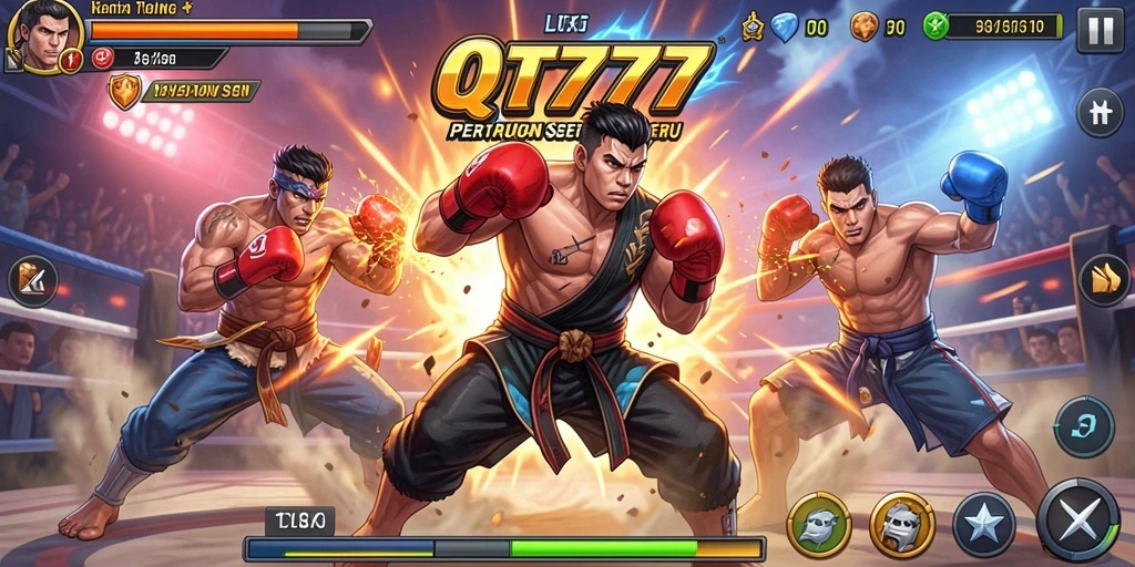 Tampilan gameplay QT777 dengan pertarungan mendebarkan dan karakter unik.