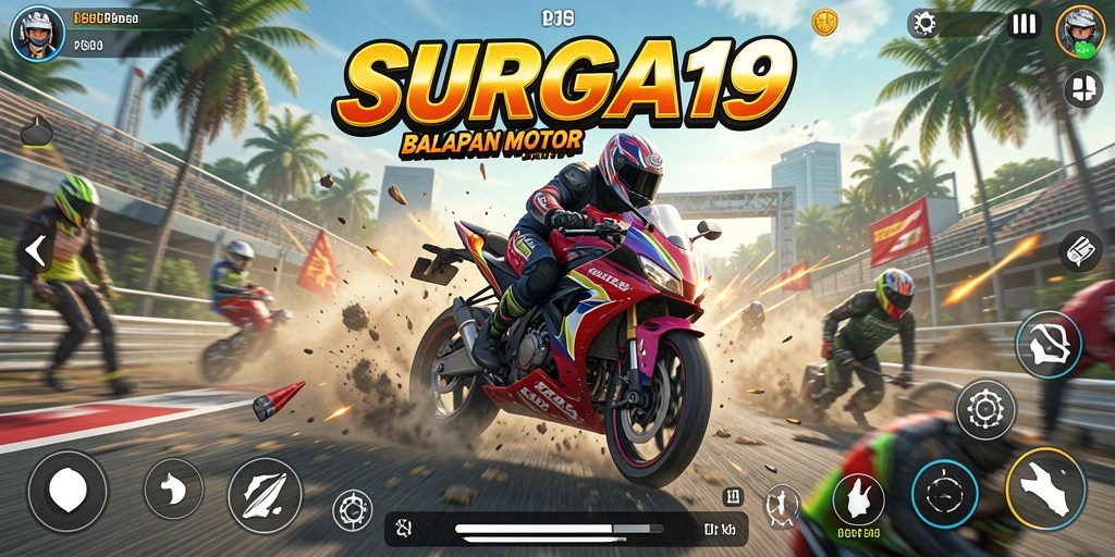 Screenshot gameplay SURGA19 menampilkan balapan motor yang mendebarkan.