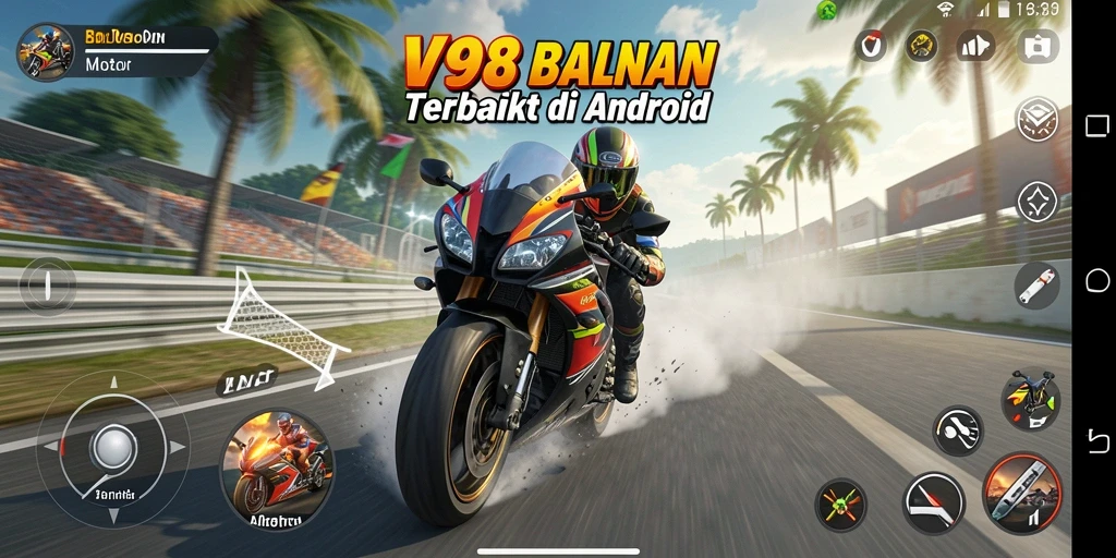 Gameplay V98 yang seru dengan balapan motor yang mendebarkan.